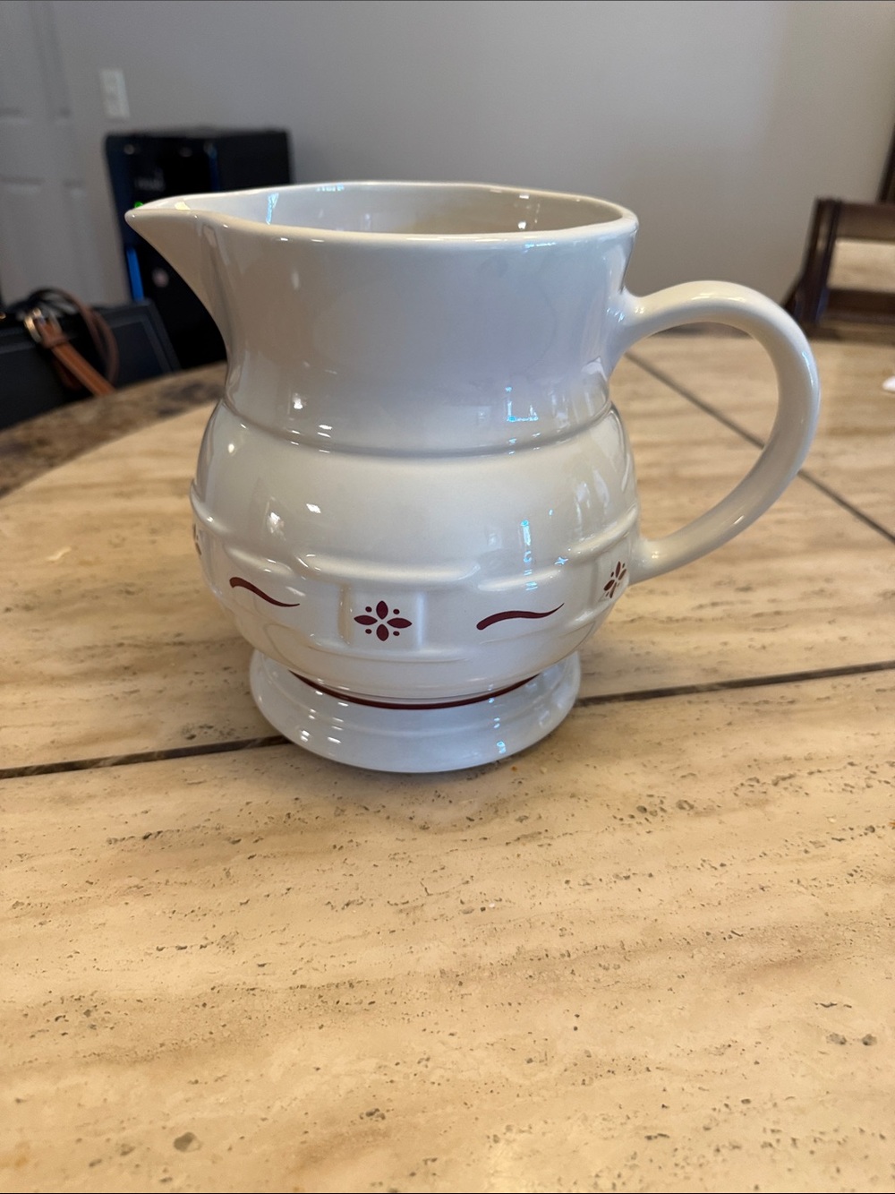 Longaberger White Ceramic Pitcher with Red Trim